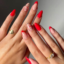 Red Short Almond Press On Nails with French Tip Designs and Glue, Reusable Fake Nails Set 24pcs