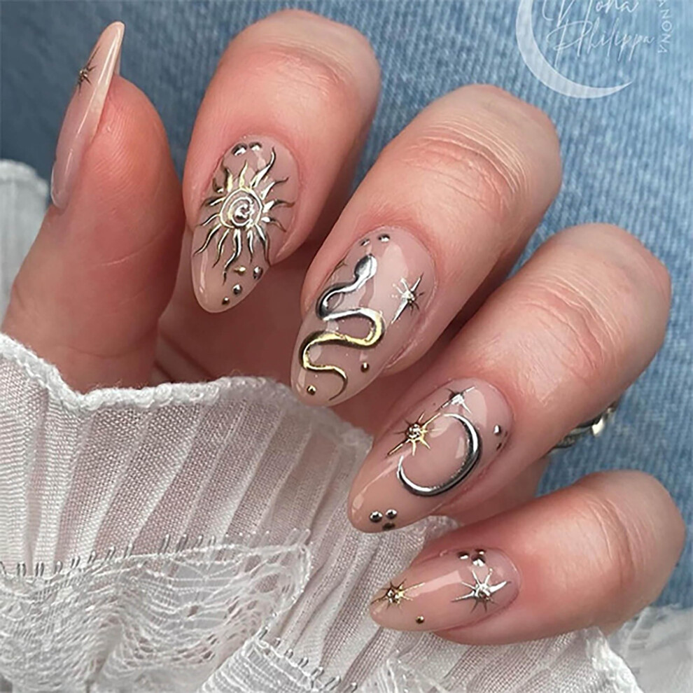 24Pcs Almond Shape Press On Nails Short Acrylic False Nail Kit with Designs SalonStyle Finish