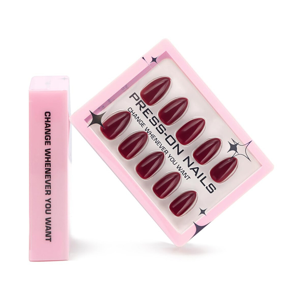Red 30Pcs Short Almond Press On Nails Wine French Tip Fake Nails Reusable Acrylic False Nails