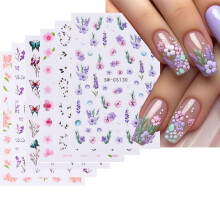 6 Sheet 3D Flower Nail Stickers Self Adhesive Floral and Leaf Decals for Spring DIY Manicure