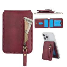 Wallet RFID Blocking Magnetic PU Leather with 3 Card Slots Zip Cash Pocket Stand Burgundy for MagSafe