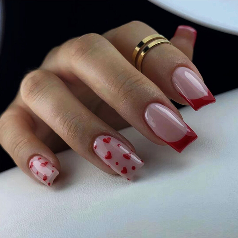 Zhouq-Outdoors (Standard) French Red Edge Fake Nails, Waterproof, Salon Diy