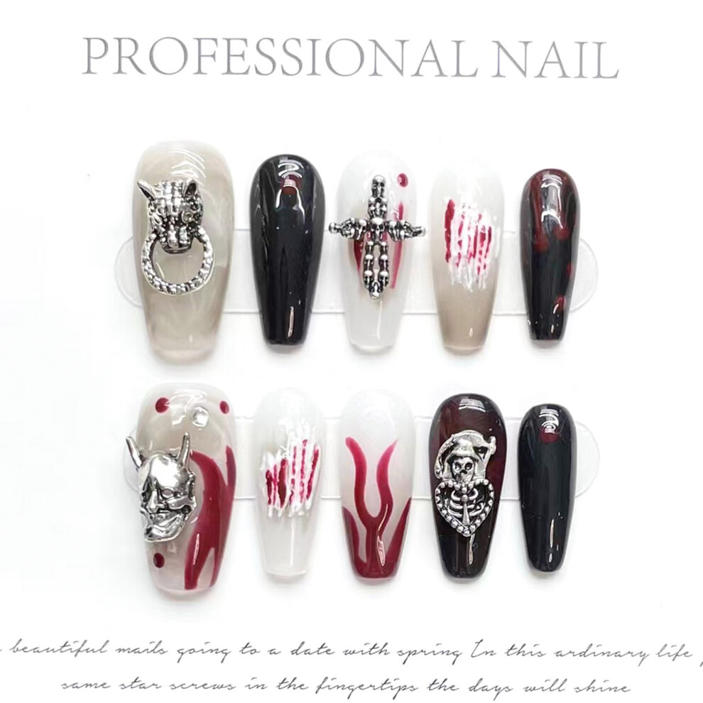 Bright-Home (Xs) Dark Style Fake Nails With Cross Decor No Bad Smell Environmentally Friendly For Women Nail Art Decoration