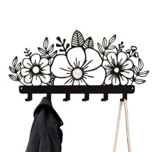 Black Metal Wall Mounted Coat Rack with Decorative Flower Design and Curved Hooks for Entryway