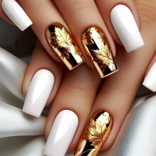 Gold Medium Square Press on Nails Glossy Leaf Acrylic Fake Nails Reusable Glue on Nails 24pcs