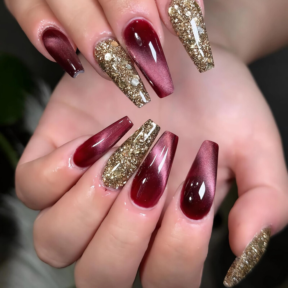 Red,Gold Long Coffin Press On Nails Cat Eye Rose Red With Gold Glitter Acrylic Fake Nails 24Pcs