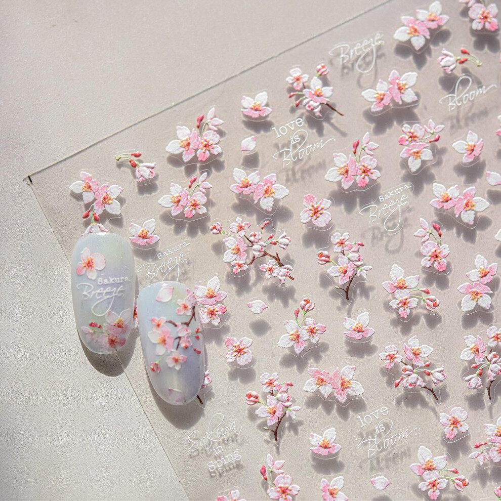 Pink 5D Embossed Cherry Blossom Nail Stickers Sakura Floral Decals For Spring Nail Art