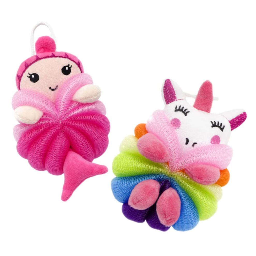 Shower Loofah Bath Pouf Set, Thick Sponge for Rich Foam and Deep Exfoliation, 2pcs Mermaid Unicorn