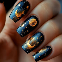 Black Starry Sky Press on Nails Medium Coffin False Nails with Star Moon Design 24pcs Reusable