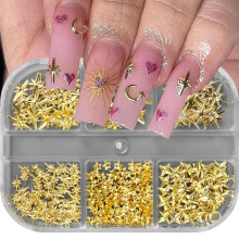 6 Grids Gold Star Nail Charms Metallic Hollow 3D Nail Art Decorations for Manicure and DIY