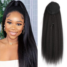 20 Inch Human Hair Ponytail Extension with Secure Drawstring Clip, Kinky Straight for Black Women