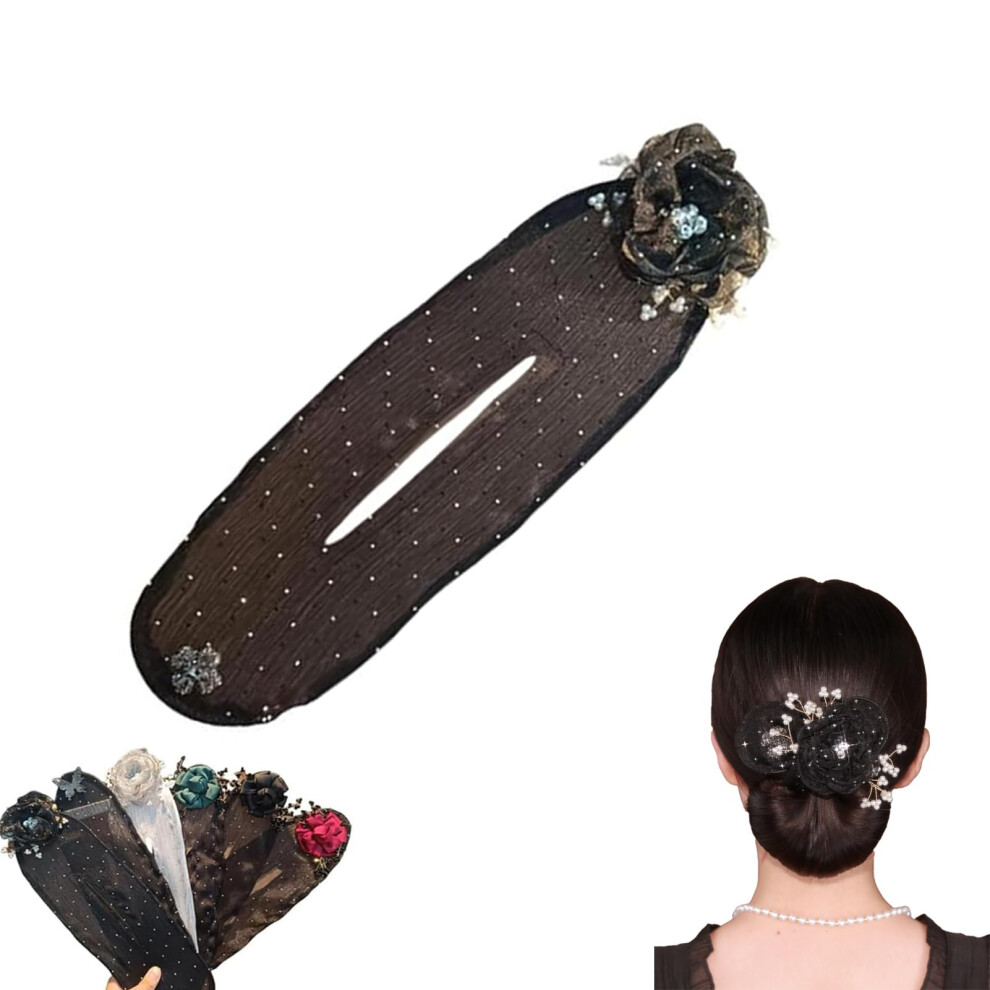 Black/Grey Hair Bun Maker With Elegant Floral Design For Women, Easy French Twist Roller, Gentle Hair Hold