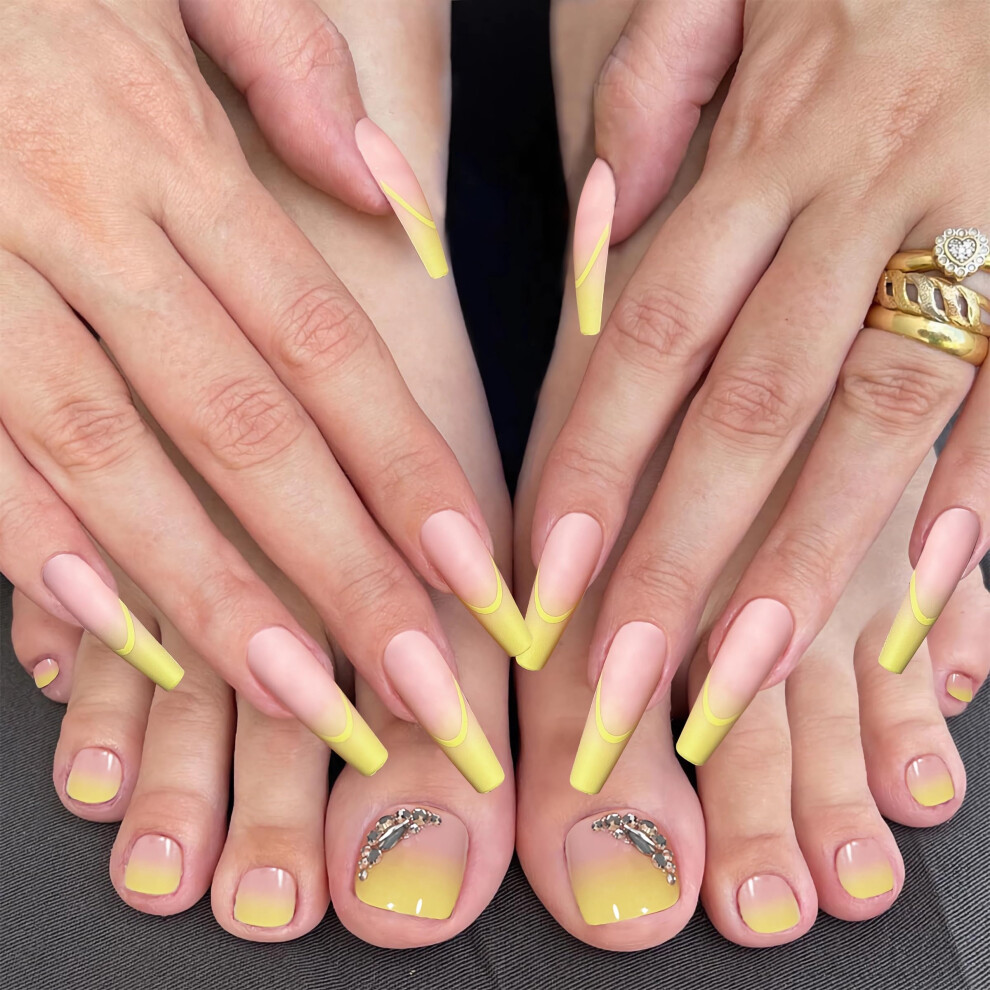 Yellow Long Square Press On Nails Set With Matching Toenails, French Tips And Rhinestones, 48Pcs