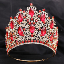Gold Red Crystal Bridal Tiara Crown with Waterdrop Leaf Rhinestones for Wedding and Pageant
