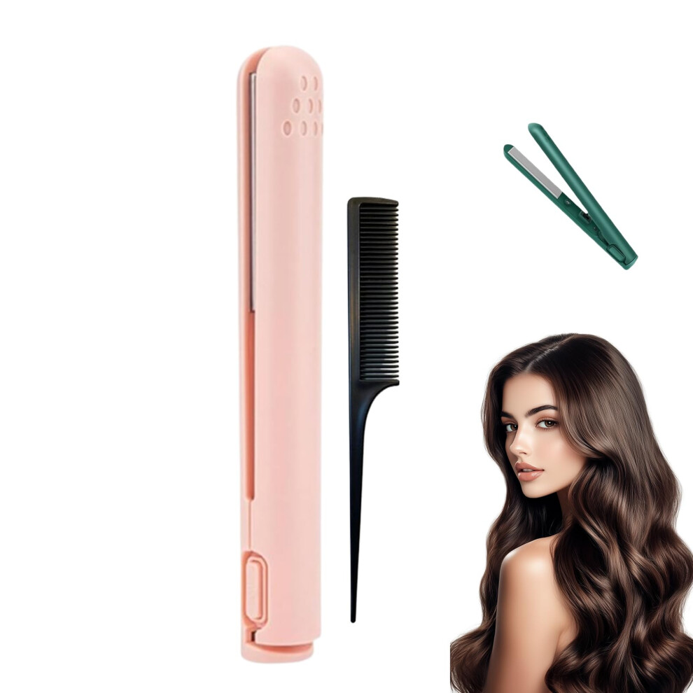 Pink Mini Curling Iron And Travel Hair Straightener, 2In1 Usb Rechargeable Ceramic Styling Tool