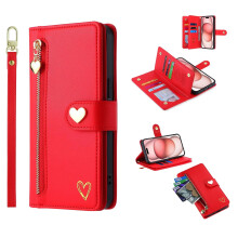 Wallet Case Heart Pattern PU Leather Flip Cover with Zipper Pocket Card Holders Kickstand Wrist Strap Magnetic Closure Red for VIVO X90 Pro Plus