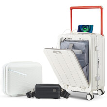 20 Inch Carry On Luggage with Front Access Compartment, White Aluminum Frame Hard Shell Suitcase