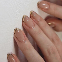 Short Almond Press On Nails Gold French Tip Nude Fake Nails Reusable Glue On Nails Set 24pcs