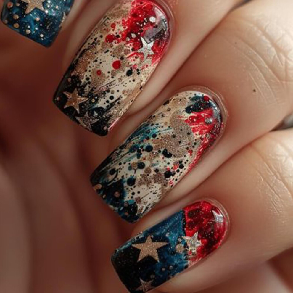 Coffin Press On Nails Set Glossy Red Blue Full Cover Acrylic 24pcs Salon Style Reusable Kit