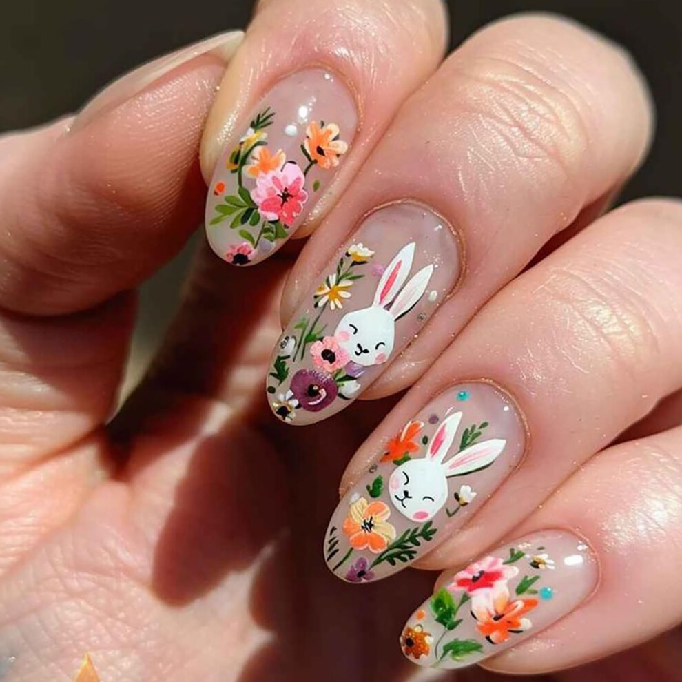 Easter Almond Press On Nails Set  Glossy Acrylic Fake Nails with Bunny and Flower Design, 24pcs