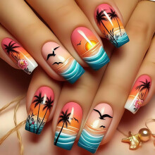 Press on Nails Medium Square with Tropical Design Fake Nails Set Coconut Tree Beach Style for Women