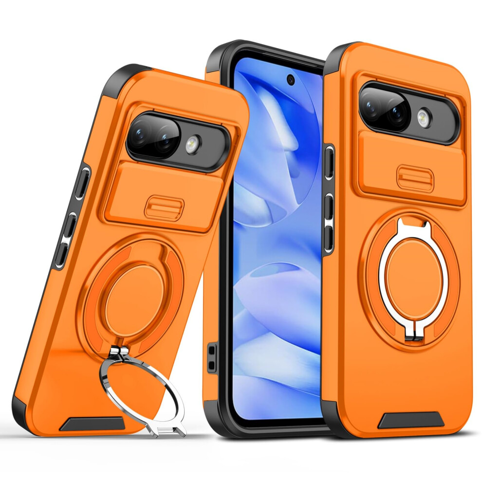 Case For Google Pixel 9A With Slide Camera Cover, Military Grade Shockproof Protection And 360 Kickstand, Orange 9169991484754