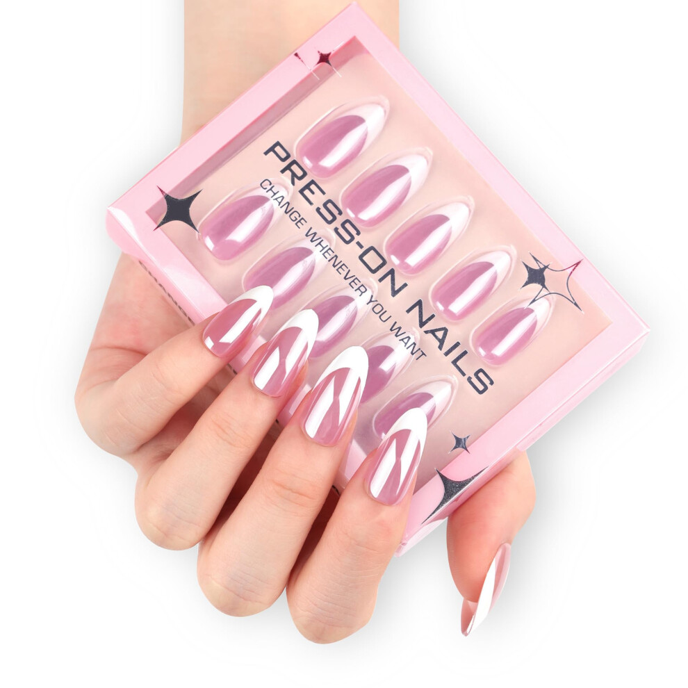 Pink,White White French Tip Press On Nails Medium Almond Fake Nails With Design Pink Aurora Reusable 30Pcs
