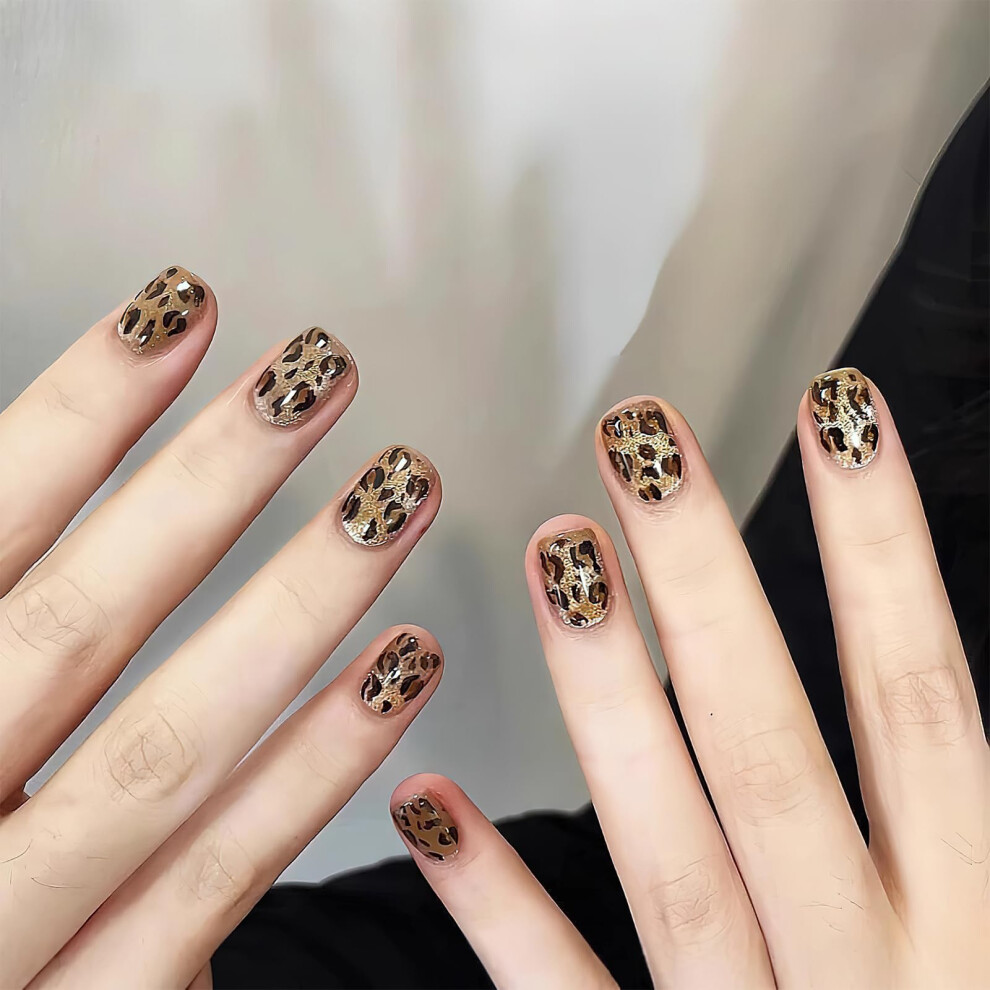 Leopard Print Press On Nails Short Acrylic Full Cover Sparkling Fake Nails Reusable 30PCS
