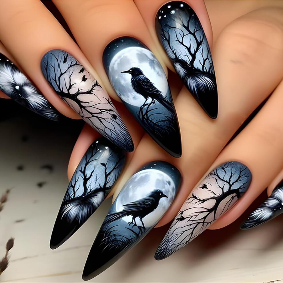 Black 24Pcs Long Stiletto Press On Nails With Designs, Reusable Acrylic Fake Nails For Summer