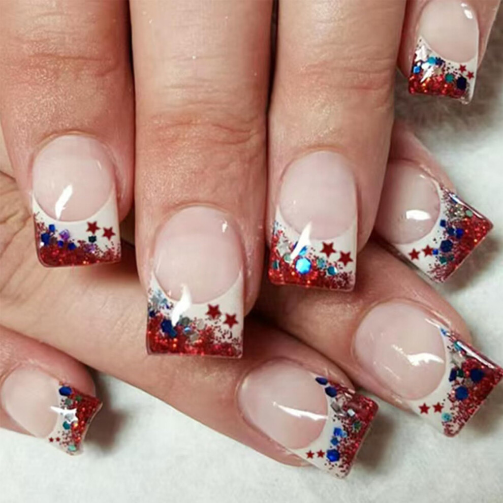 24Pcs 4th of July Press on Nails Short Square Glitter Star Fake Nails Patriotic Acrylic Set