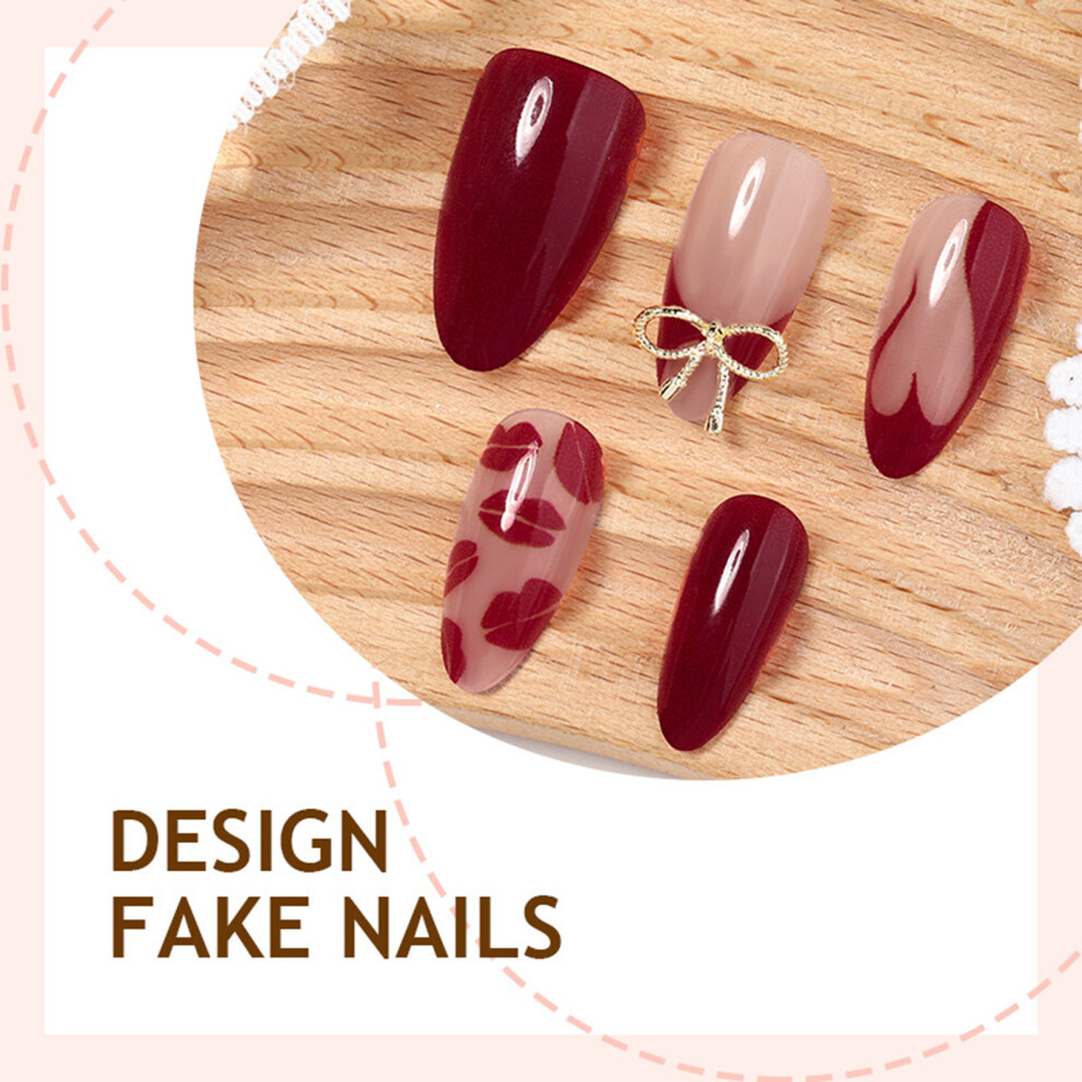 Phui-Pet-Supplies 30Pcs French Fake Nails Burgundy Bow Wedding Party