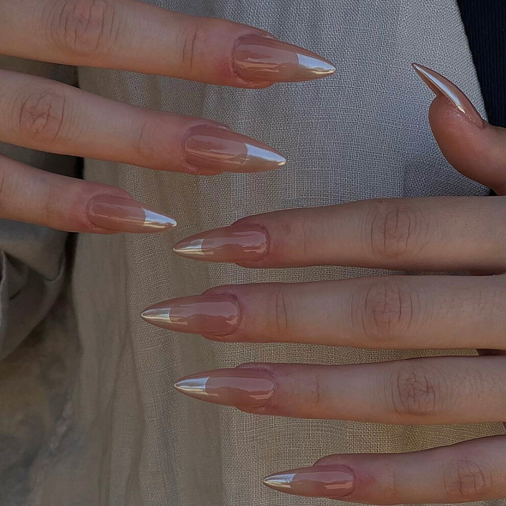 Dcph-Clothing Glossy French False Nails, Pointed Tips, Simple Style