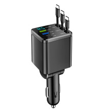 7-In-1 Retractable Car Charger with Digital Voltmeter USB+PD Port Fast Charging Cable 3 Type C
