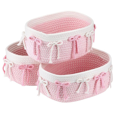 3 Pcs  Bow Baskets for Gift Cute Woven Rope Gift Baskets Rectangle Shelf Organizer Laundry Hamper