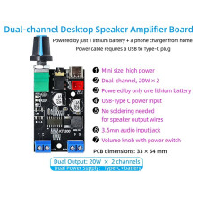 Rechargeable Lithium Battery Digital Amplifier Board 3.7-5V Stereo Dual Channel 2 X 20W High-Power DIY Desk Speaker