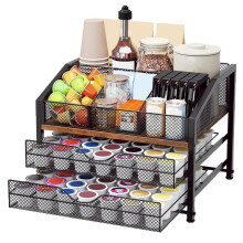 Coffee Bar Organizer for Countertop,Coffee Station Organizer with Removable Divider,Metal and Wood Holder Storage Basket
