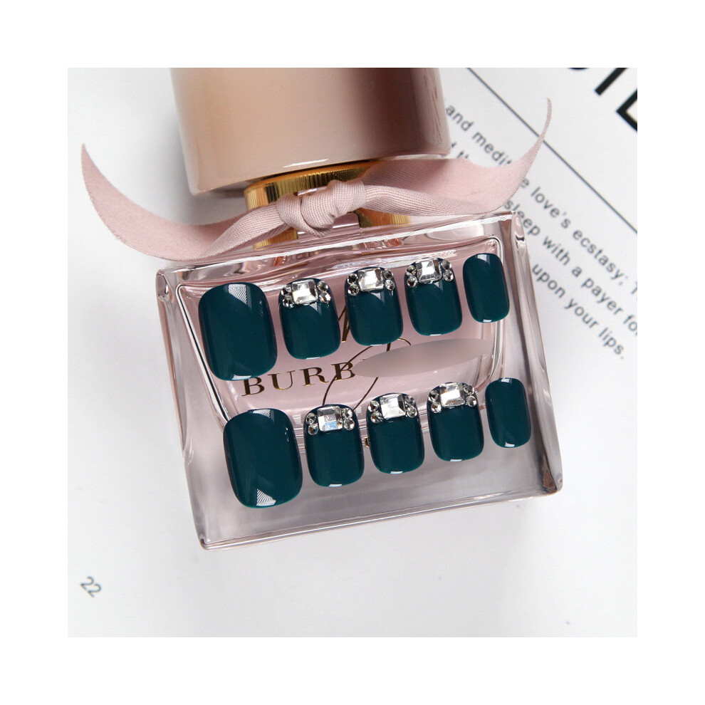 Zhouq-Outdoors 24Pcs Navy Blue 3D Diamond Fake Nails With Glue