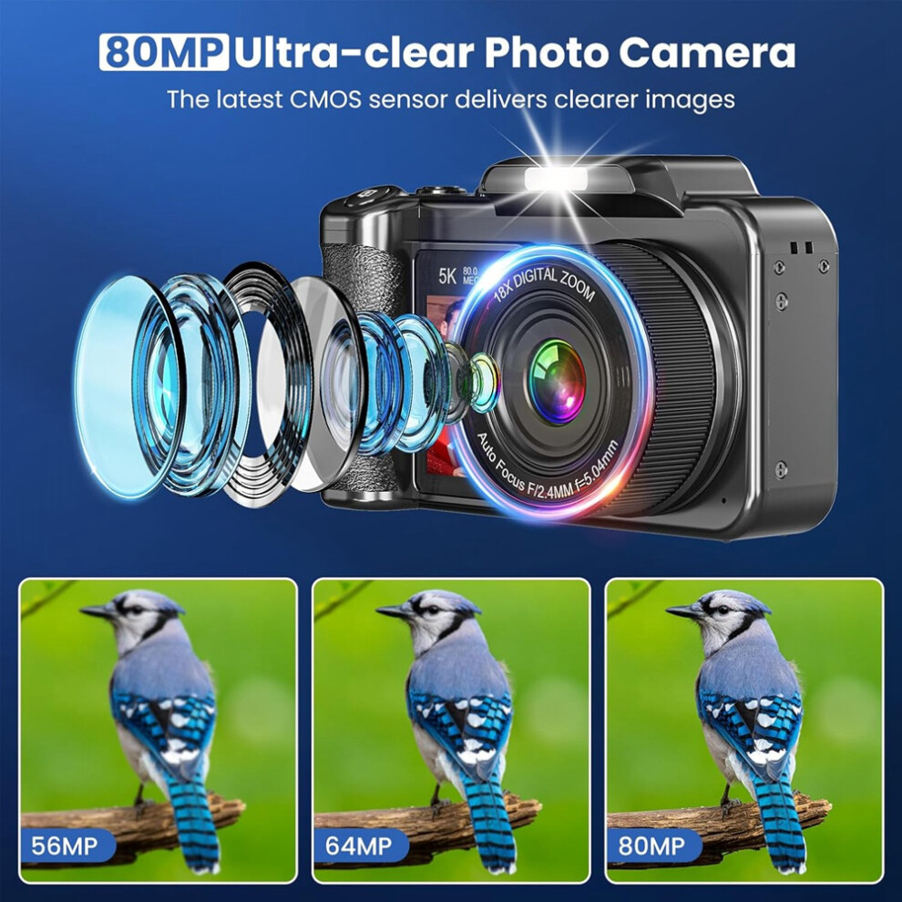 5K 80Mp Digital Camera,3.5"+2" Dual Screen Cameras For Photography Autofocus,18X Digital Zoom Recorder Vlogging Camera 6031612558324