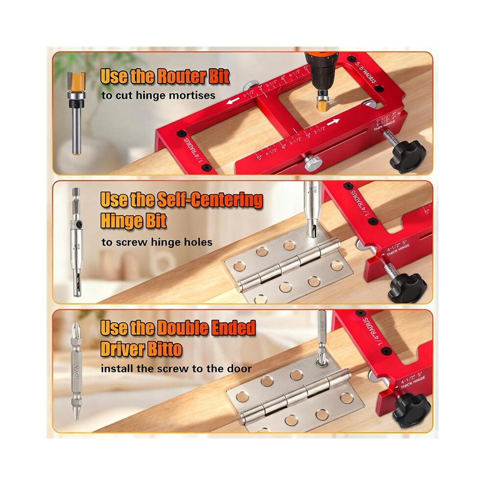 Door Hinge Jig,Adjustable Router Template Kit With File,Fits 2.5"-5"Size Hinges Radius/Square Corner Hinges,Compatible A 6031456077043