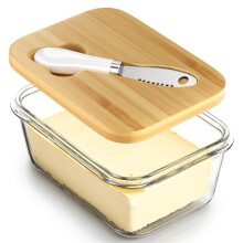 Glass Butter Dish with Bamboo Lid and Knife, Airtight Seal for Freshness, Ideal for Countertop and Refrigerator Storage