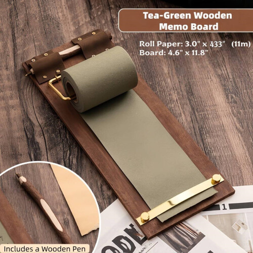 Clipboard Hanging Memo Board, Refillable Paper Roll with Cutter, Includes Wooden Pen for Kitchen.Ect (Tea Green) 1