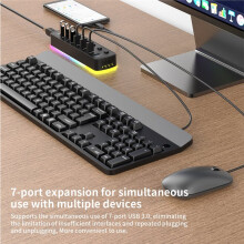 RGB Type-C3.0 Hub met 7 Poorten, Data-Adapter, 5 Gbps, Individuele aan/Uit-Schakelaar, Splitter, Gaminghub voor Laptop, Pc en Computer