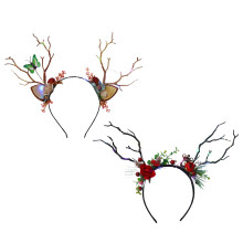 LED Colorful Light Christmas Reindeer Antlers Headband30x25x2cm60g with Plush Antlers Pine Cones Berries Leaves for Holiday Parties