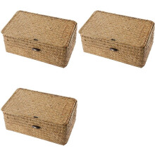 3X Rattanowy Kosz do Przechowywania, Kosz z Wodorostów Słomianych, Ręcznie Tkany Kosz do Przechowywania Pojemnik Uniwersalny z Pokrywką (10 cm)
