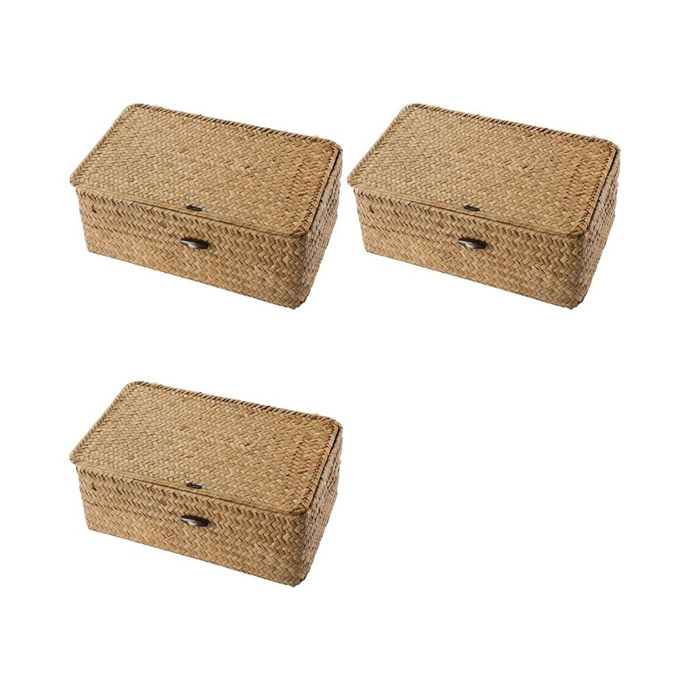 Semoic 3X Rattan Storage Basket,Straw Seaweed Basket, Hand-Woven Storage Basket Multipurpose Container With Lid (10Cm)