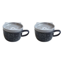 2X Ceramic Coffee Mugs with Lid Cute Cat Porcelain Cup Family Breakfast Milk Juice Cup Beverage()