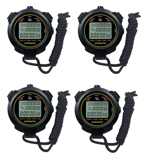 4X Digital Sports Stopwatch, 10Lap /Split Memory Stopwatch Count Down Timer, Large Display Waterproof 12/24 Hour Clock 1