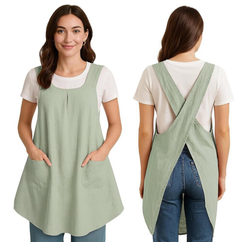 2X Grembiule con Tasca In Cotone e Lino, Grembiule Giapponese per Giardinaggio e Pittura Verde 2