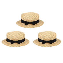 3X Cute Child Girls Straw Hat Bowknot Sun Hat Kids Large Brim Beach Summer Boater Beach Ribbon Round Flat Top Fedora Hat