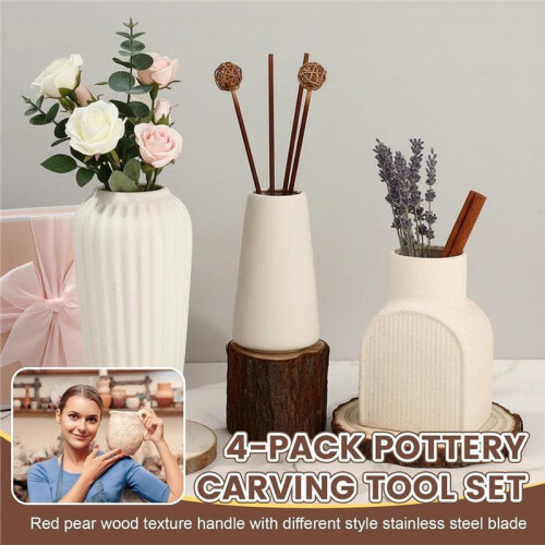 4Pcs Pottery Carving Tool Set Sculpture Scraper  Modelling Tools Red Pear Wood Texture Handle 1